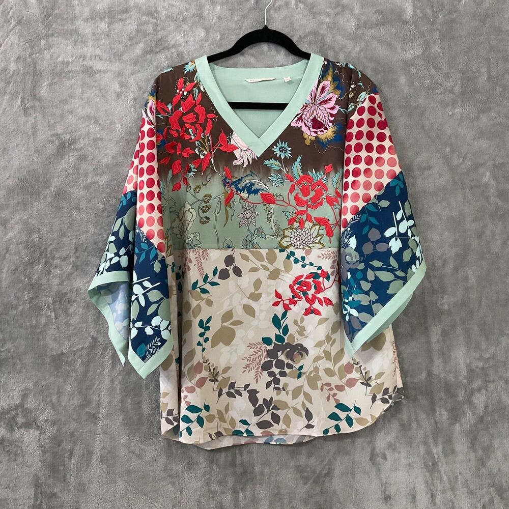 Soft Surroundings petites Embroidered blouse Kimono Sleeve Asian Floral women PM